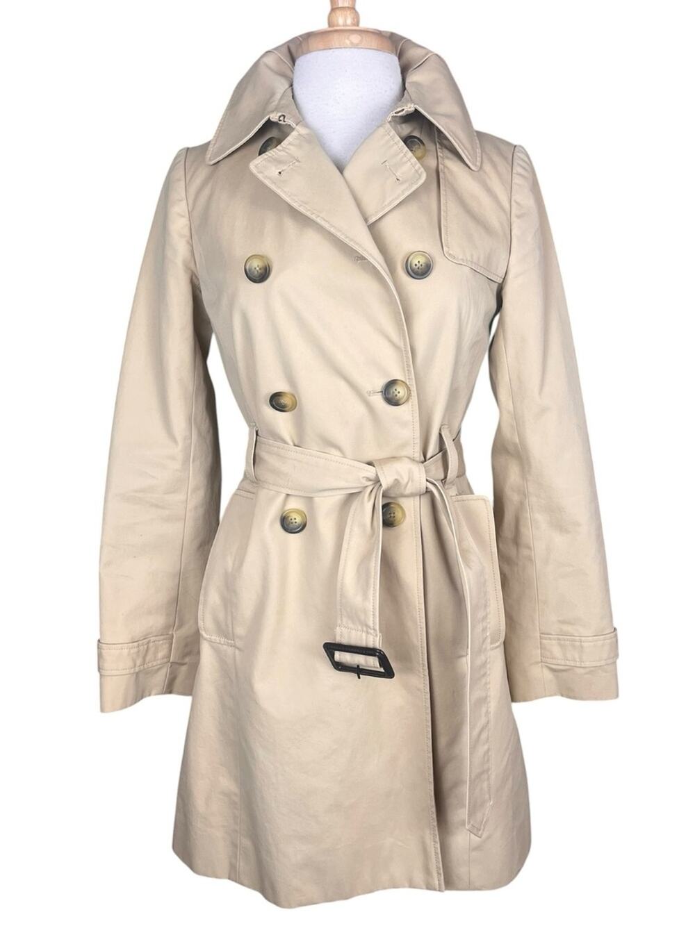 J Crew Double Breasted Trench Coat Womens 2 Khaki Belted Classic Preppy Summer